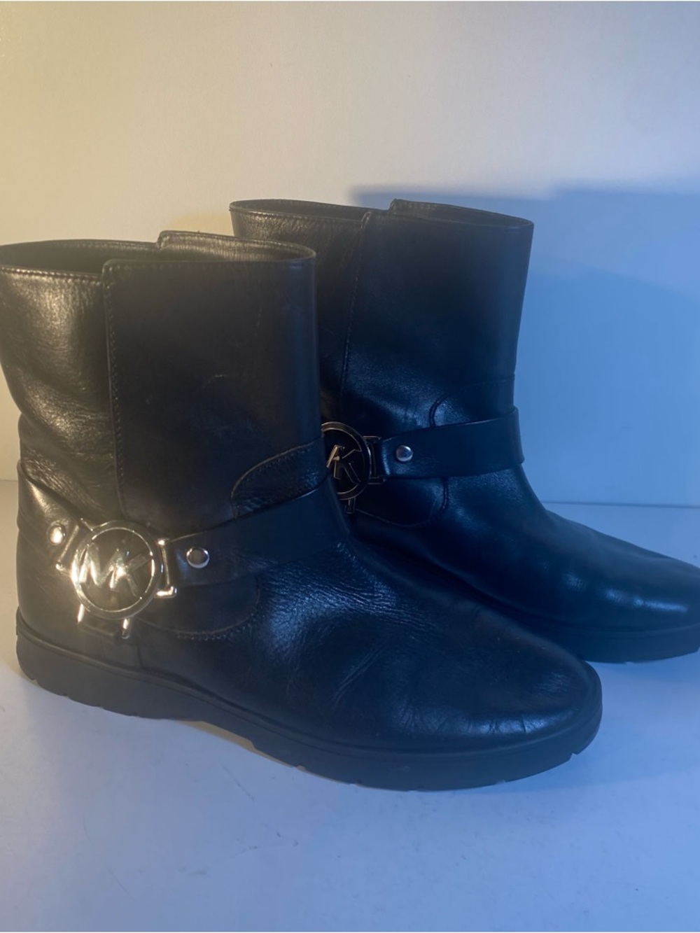 Michael Kors Fulton Black Leather Logo Biker Ankle Boots Size 8M